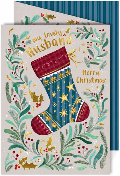 Otter House Husband Christmas stocking card shown with blue striped envelope and gold-coloured festive lettering