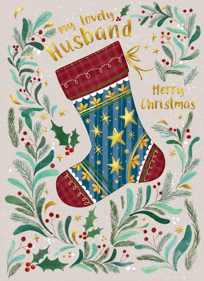 Front of Otter House Husband Christmas card with blue and red stocking, gold stars, holly and my lovely Husband greeting