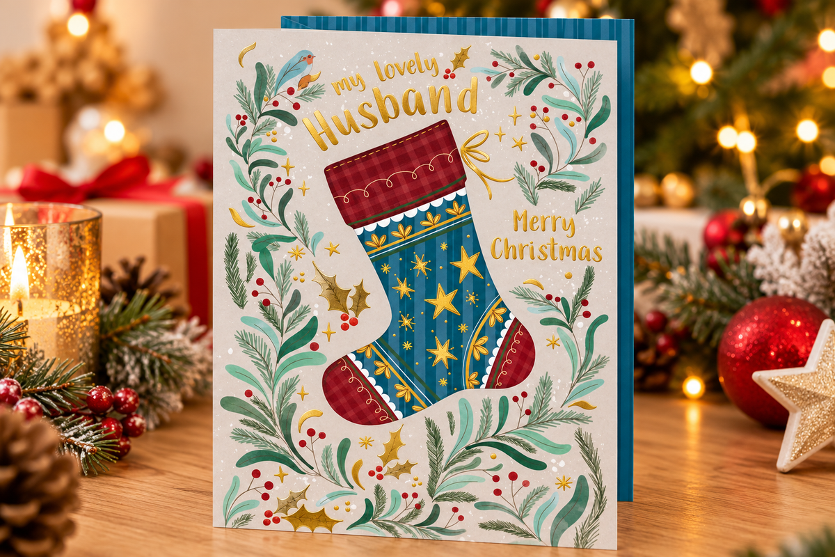 Husband Christmas card with festive stocking displayed on wooden table with candle and Christmas decorations