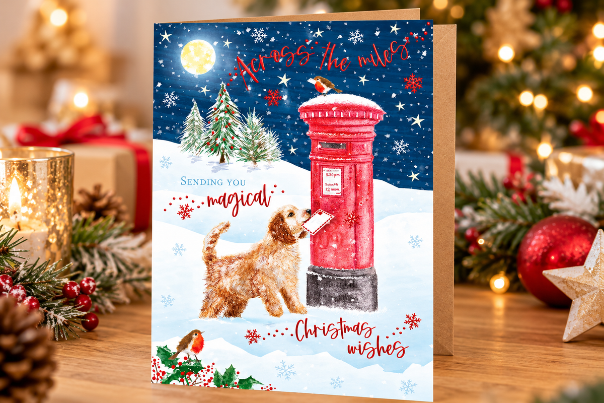 Across the Miles Christmas card with dog and red postbox displayed on festive table beside candle and Christmas decorations