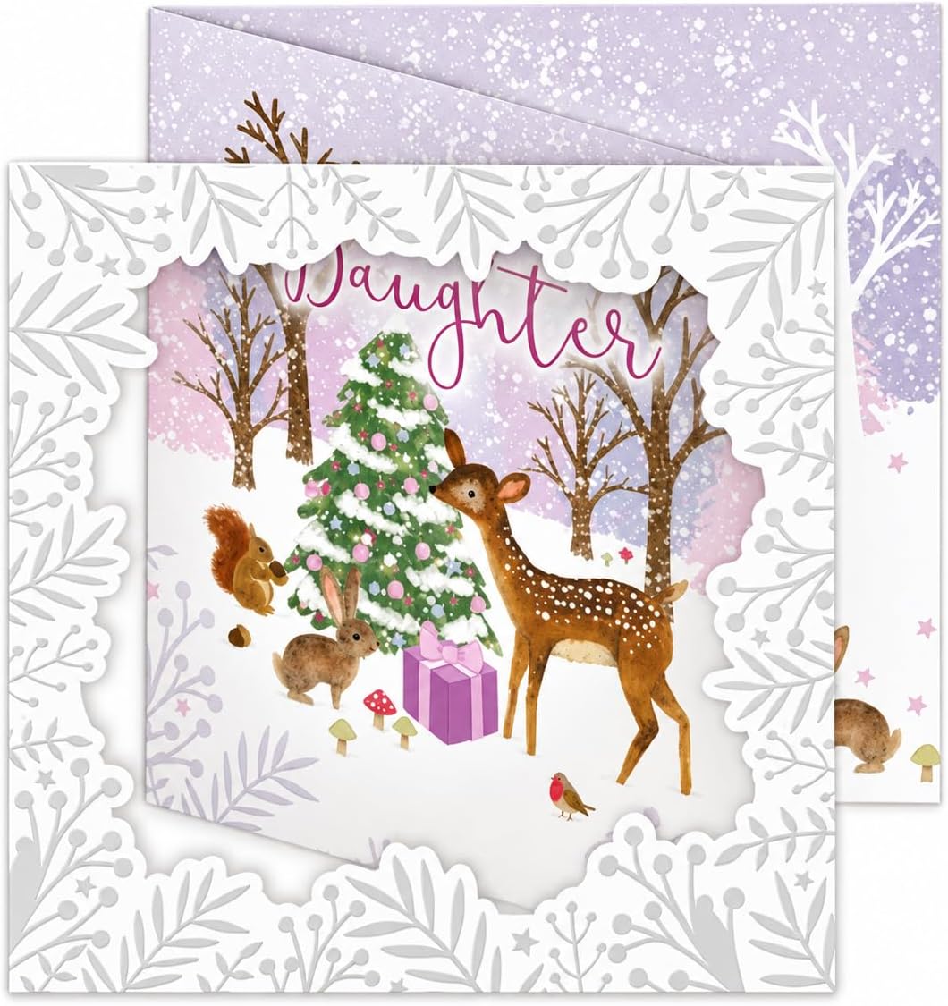 Front of Otter House Daughter Christmas card with deer, rabbit, squirrel and robin by snowy Christmas tree