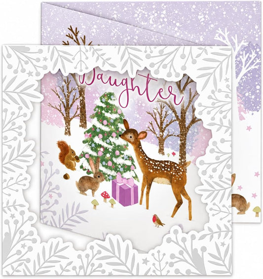 Front of Otter House Daughter Christmas card with deer, rabbit, squirrel and robin by snowy Christmas tree