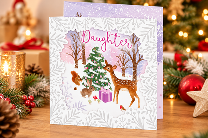 Daughter woodland Christmas card standing on festive table with candles, greenery and Christmas decorations