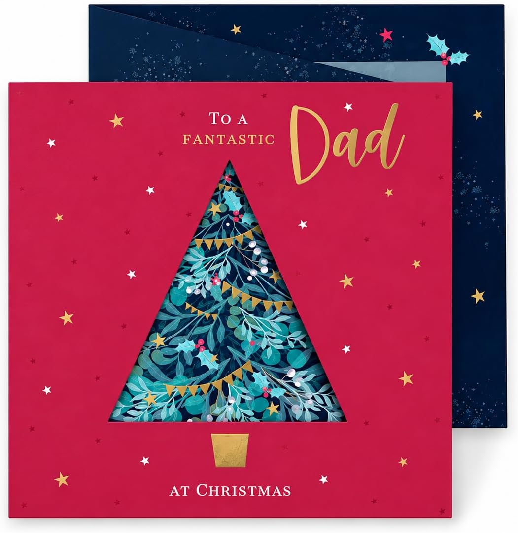 Front of Otter House Fantastic Dad Christmas card with red cover, gold lettering and decorative teal Christmas tree