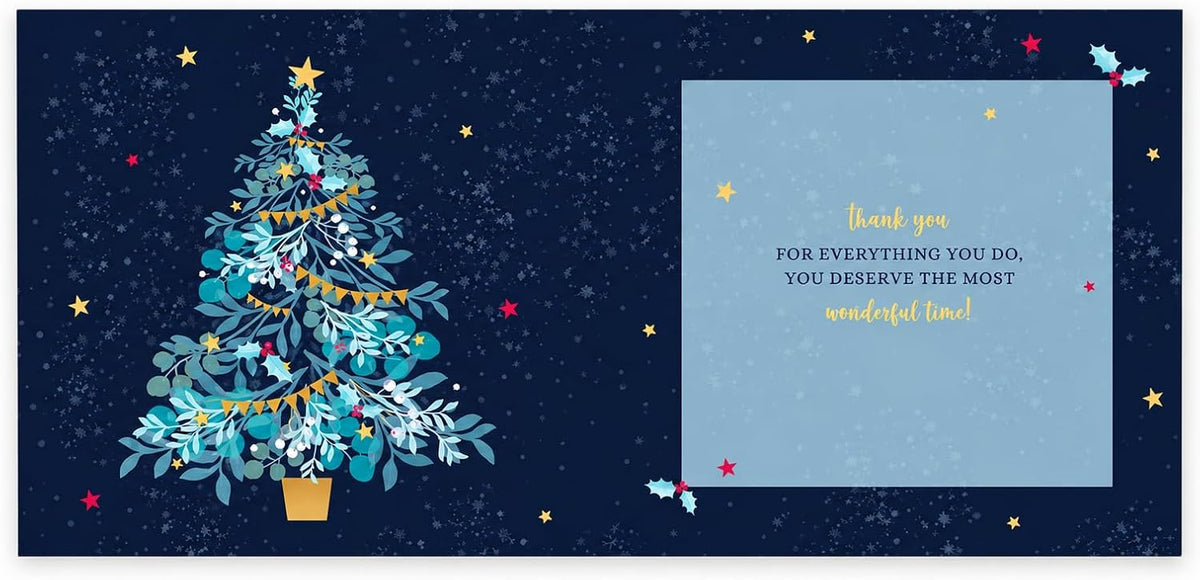Inside of Fantastic Dad Christmas card with decorated Christmas tree and thank you for everything you do message