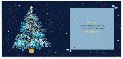 Inside of Fantastic Dad Christmas card with decorated Christmas tree and thank you for everything you do message