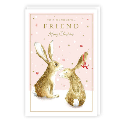 Friend Christmas card with two watercolour hares on pink background – Tracks Publishing XS714