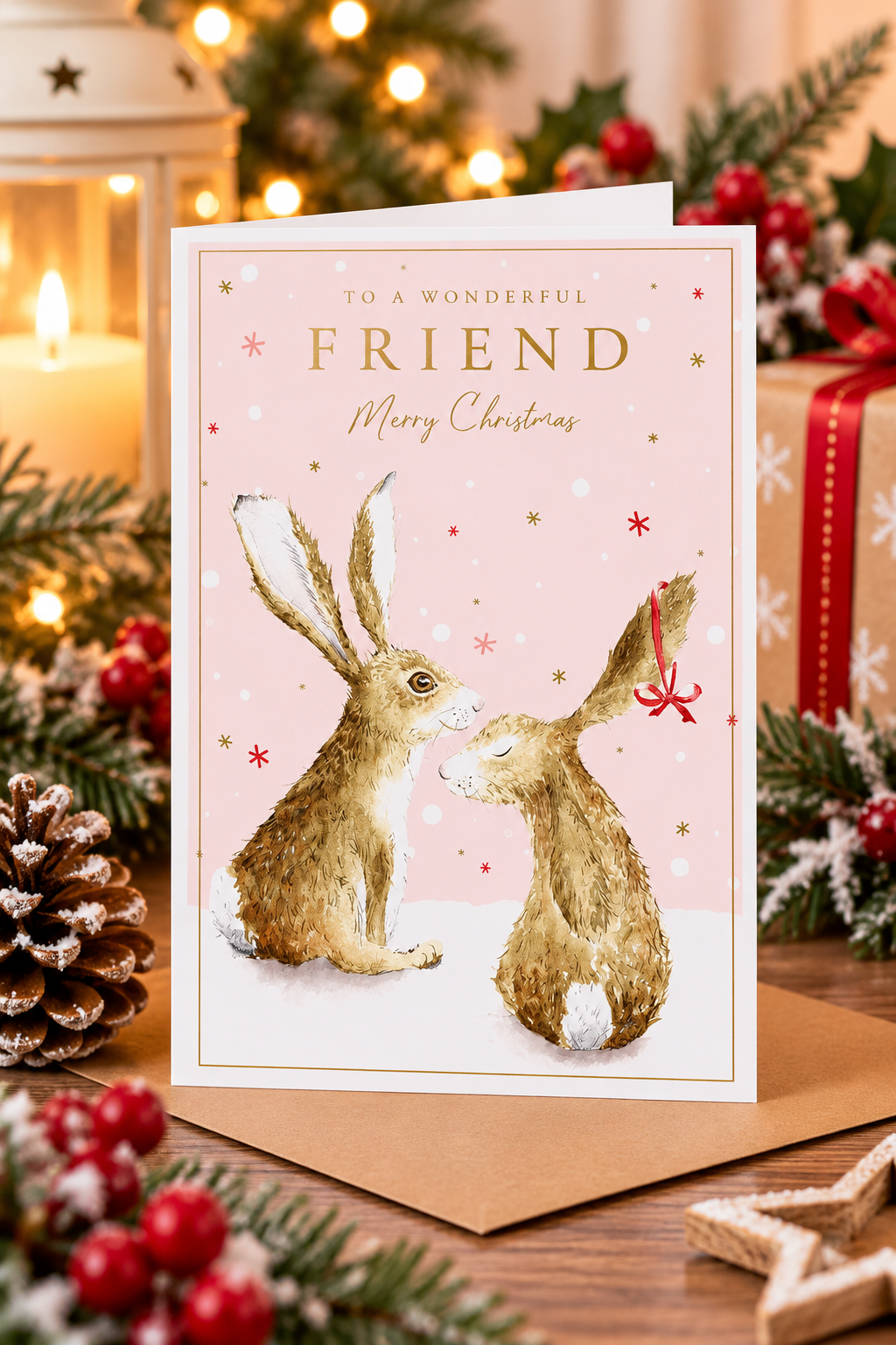 Pink Friend Christmas card featuring two hares displayed with festive decorations