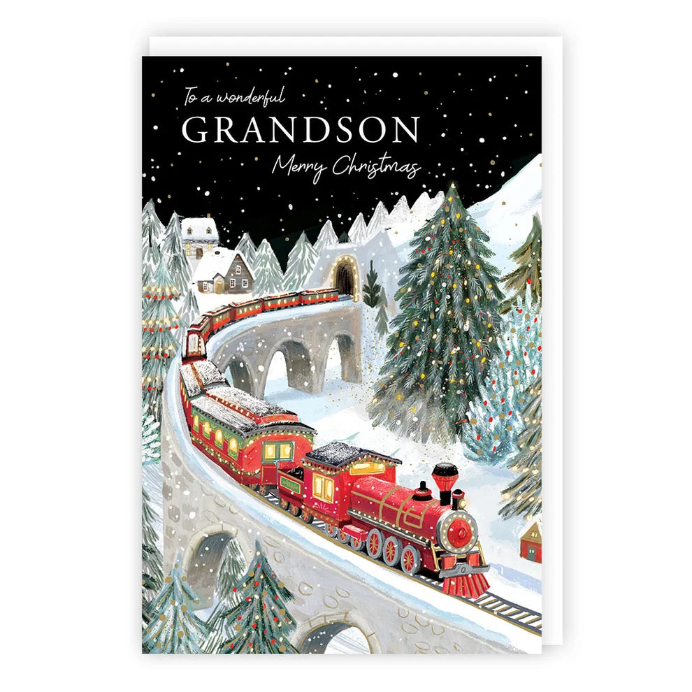 Tracks Publishing XS729 Grandson Christmas card red steam train snowy railway scene