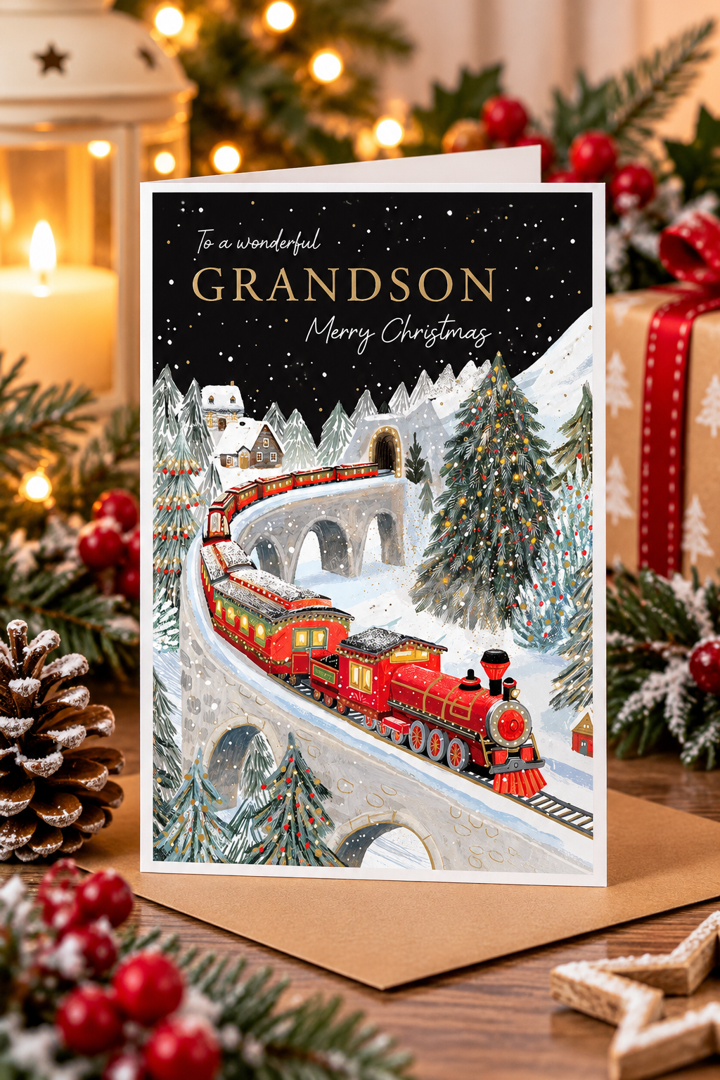 Grandson steam train Christmas greeting card displayed in cosy festive setting