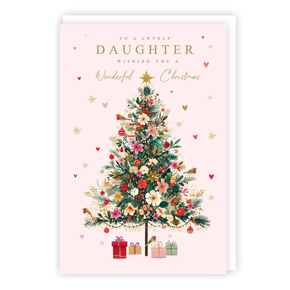 Daughter Christmas card with floral decorated Christmas tree on pink background, Tracks Publishing XS710