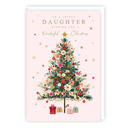 Daughter Christmas card with floral decorated Christmas tree on pink background, Tracks Publishing XS710
