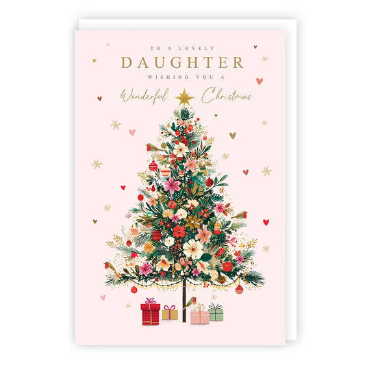 Daughter Christmas card with floral decorated Christmas tree on pink background, Tracks Publishing XS710