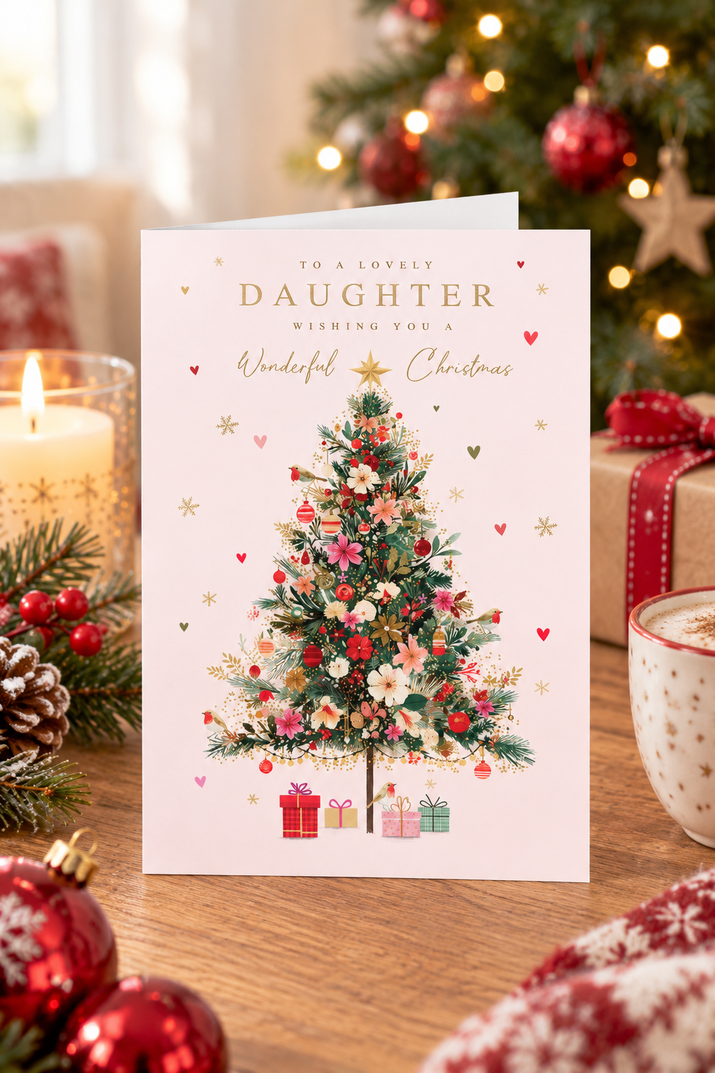 Daughter Christmas card displayed in festive setting with decorated tree, candle and gifts
