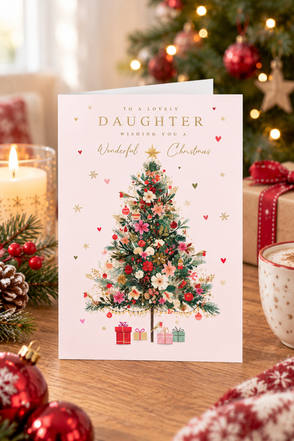 Daughter Christmas card displayed in festive setting with decorated tree, candle and gifts