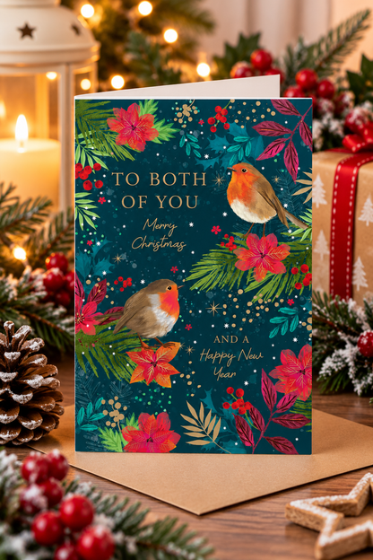 To Both of You Christmas card displayed with festive candlelight and decorations