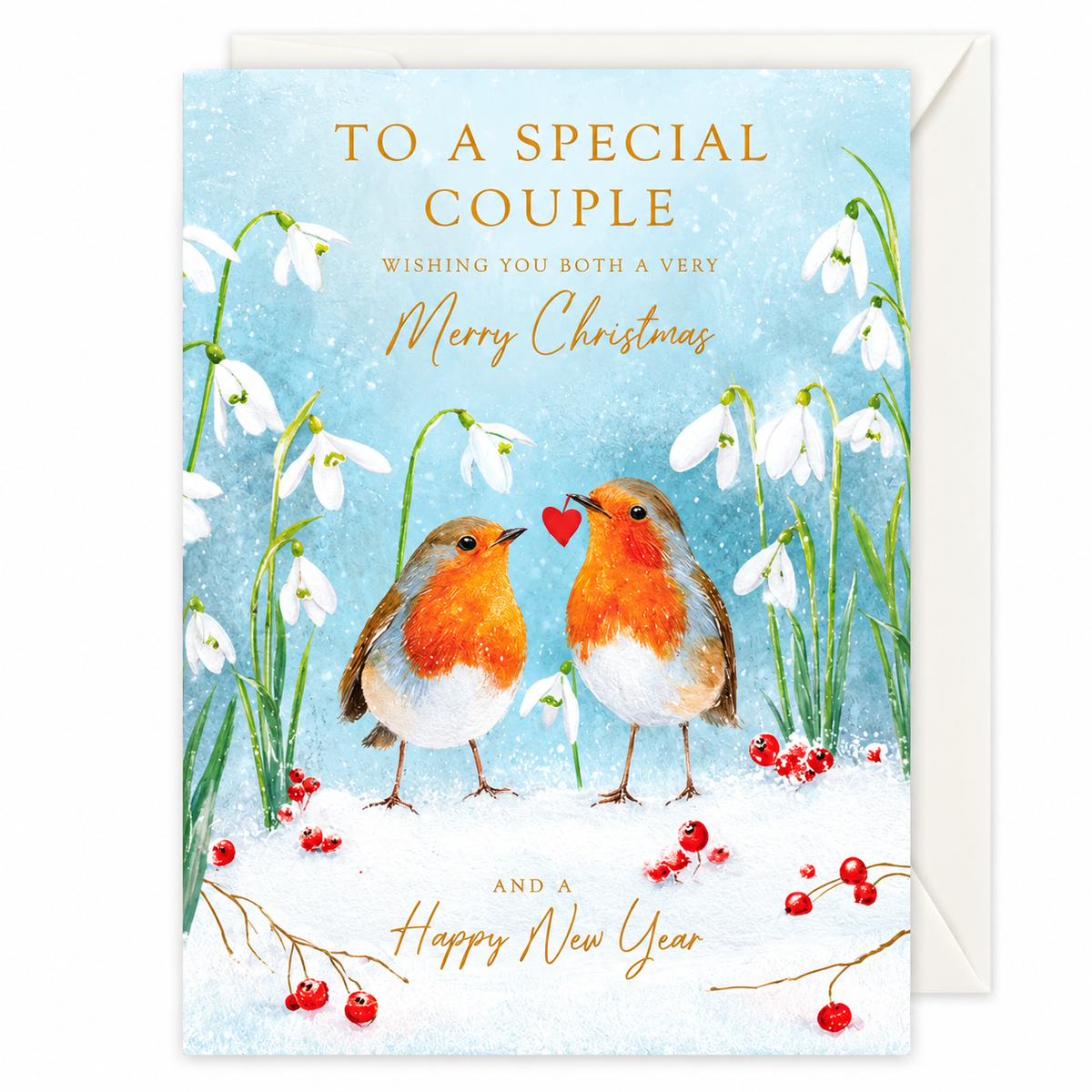 Special Couple Christmas greeting card with robins, gold lettering and envelope