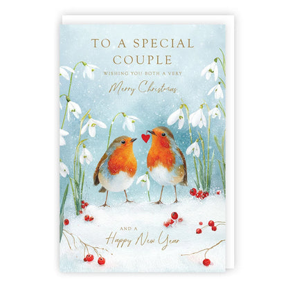 Tracks Publishing XS760 Special Couple Christmas card with two robins, snowdrops and gold text