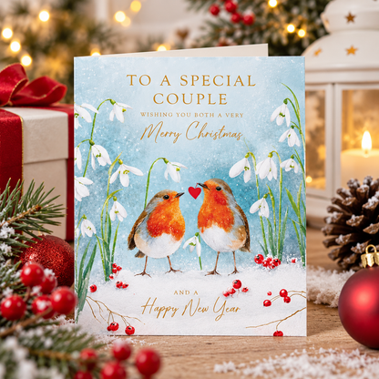 Special Couple robin Christmas card displayed with festive decorations
