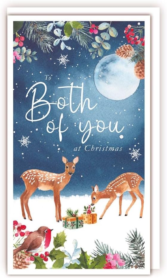 Tracks Publishing Both of You Christmas card showing two deer, robin and snowy moonlit woodland