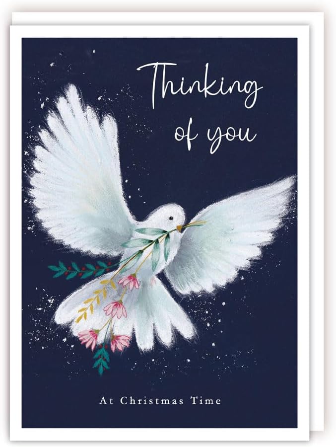Thinking of You at Christmas Time greeting card with white dove and flowers on navy background
