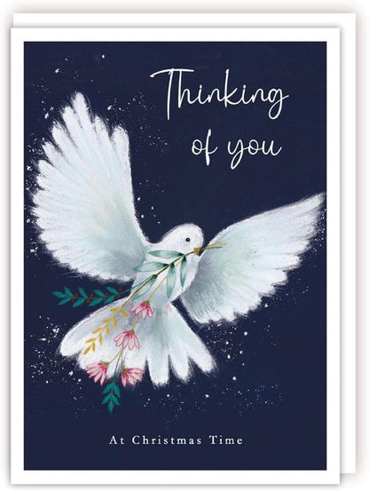 Thinking of You at Christmas Time greeting card with white dove and flowers on navy background