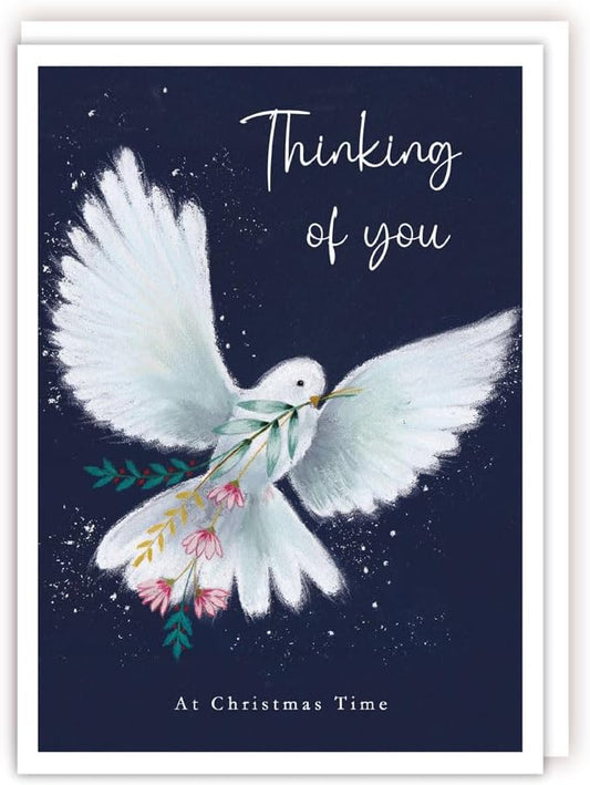 Thinking of You at Christmas Time greeting card with white dove and flowers on navy background