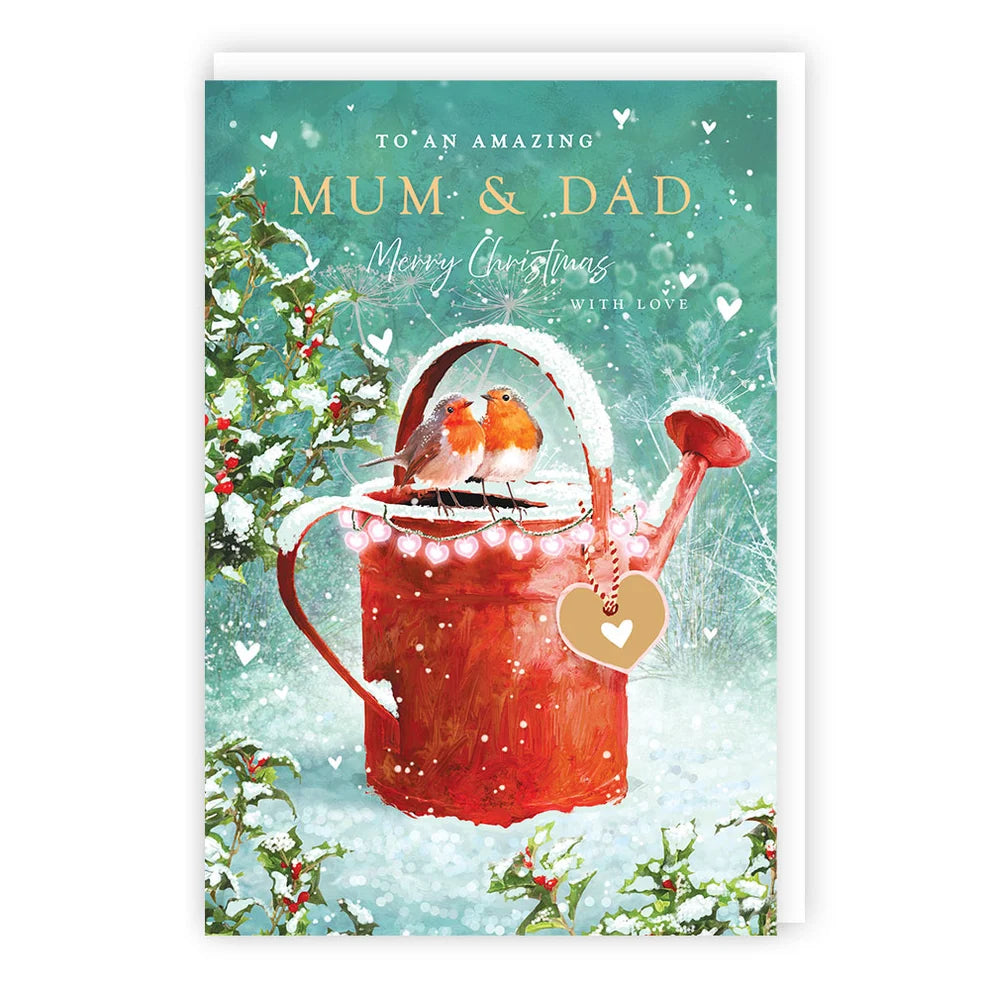 Mum and Dad Christmas card with two robins on snowy red watering can – Tracks Publishing XS740