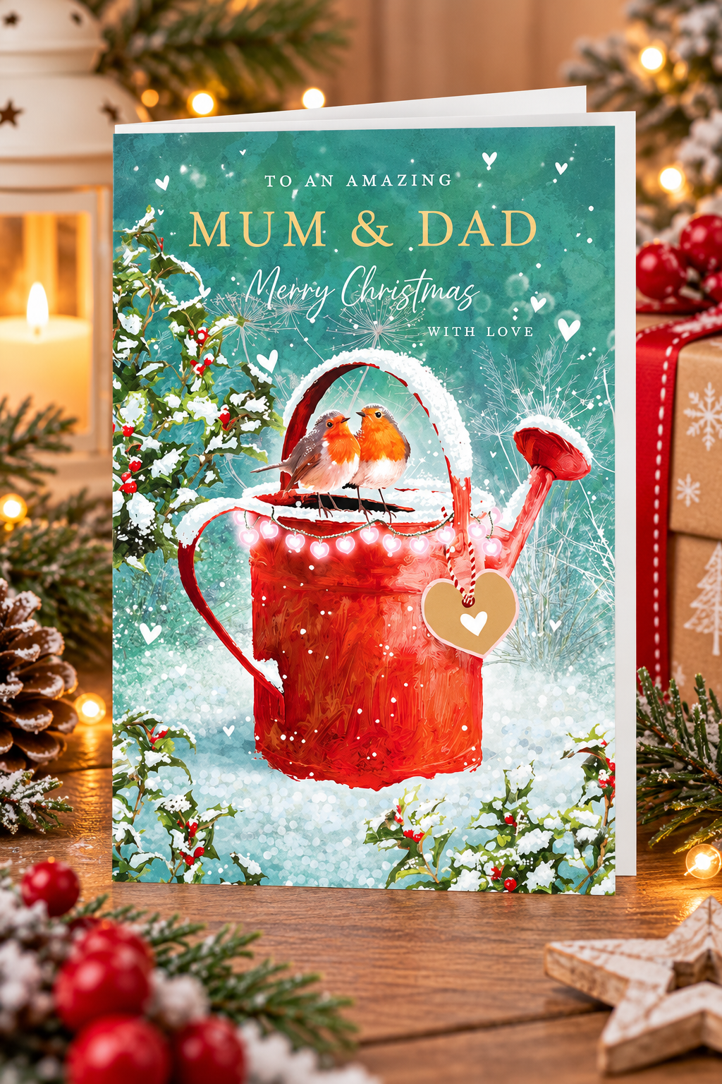 Mum and Dad robin Christmas card displayed in a cosy festive setting