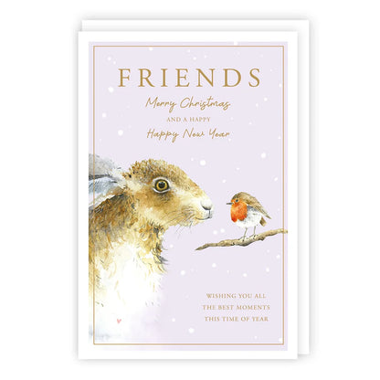 Tracks Publishing Friends Christmas card XS711 with hare and robin on lilac snowy background