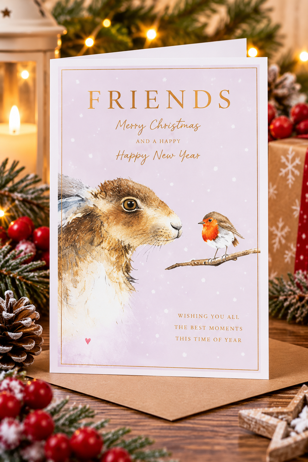 Friends Christmas card with hare and robin displayed among Christmas decorations