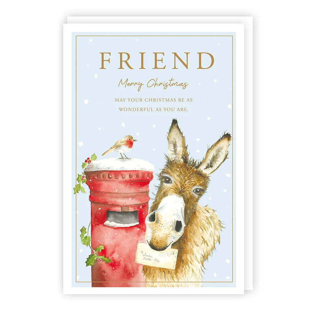 Friend Christmas card with donkey, robin and red postbox – Tracks Publishing XS713