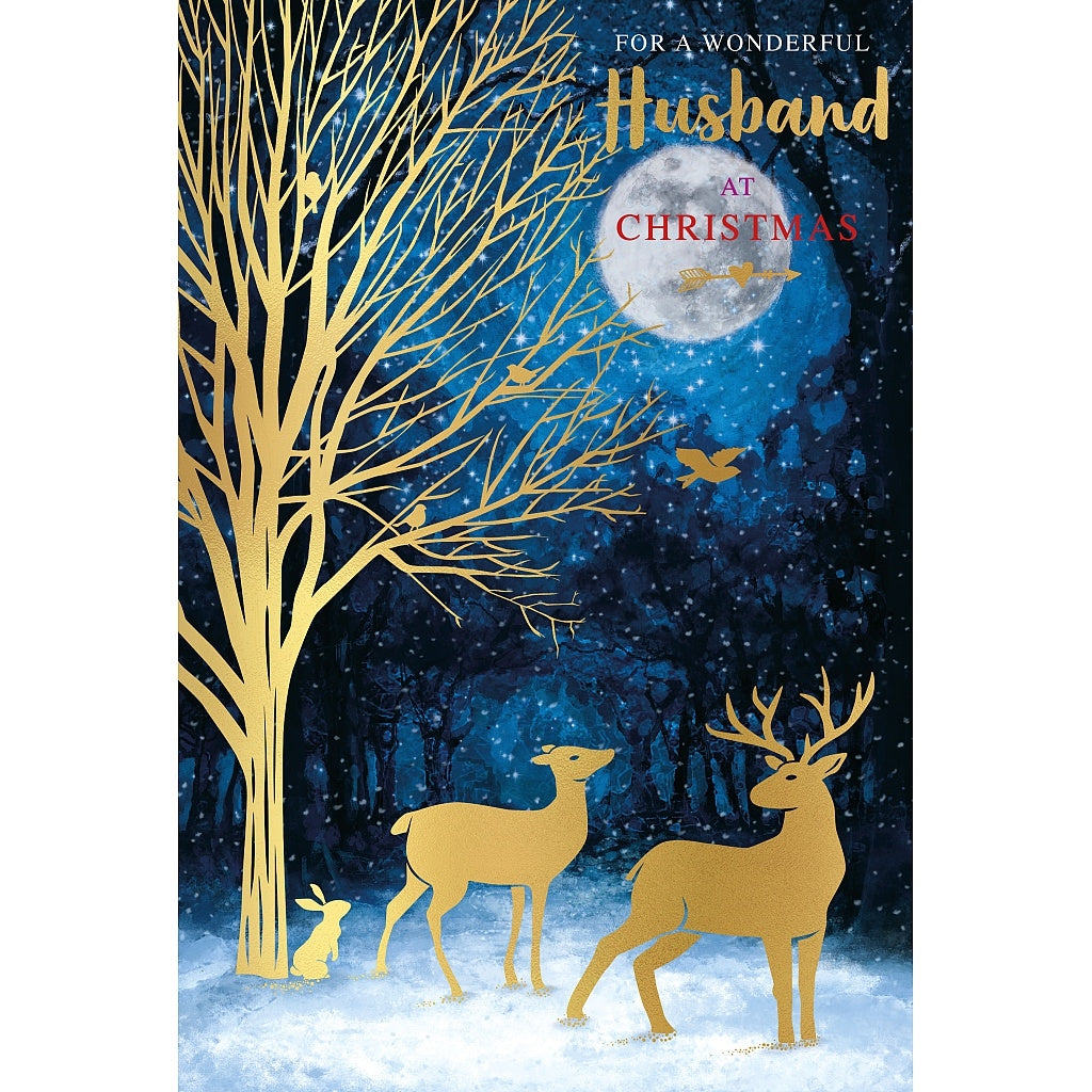 Husband Christmas Card, Reindeers at Night, Blue & Gold Foil Design