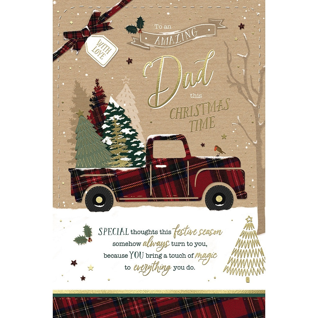 Christmas Card for Dad, Red Truck with Tree, Festive Design, Gold Foiling