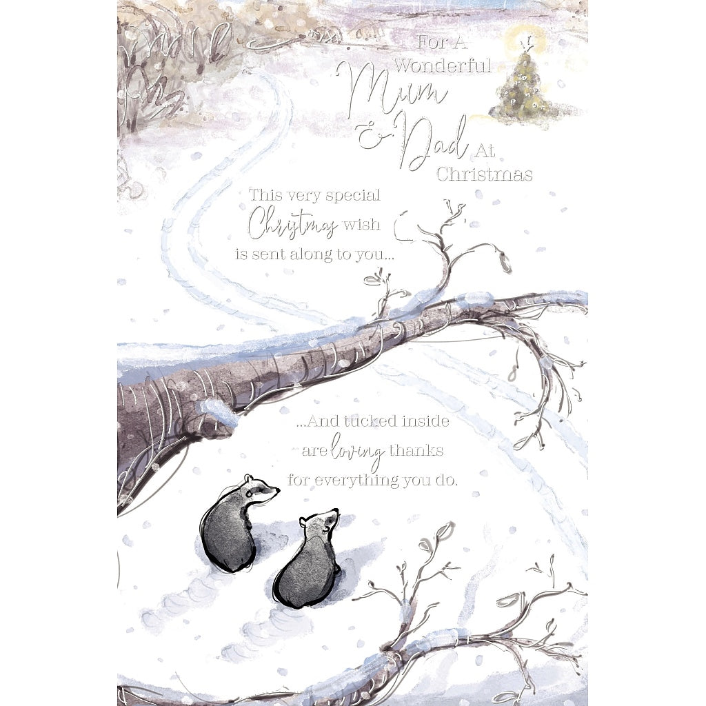 Christmas Card for Mum & Dad, Silver Foiling, Snow Scene