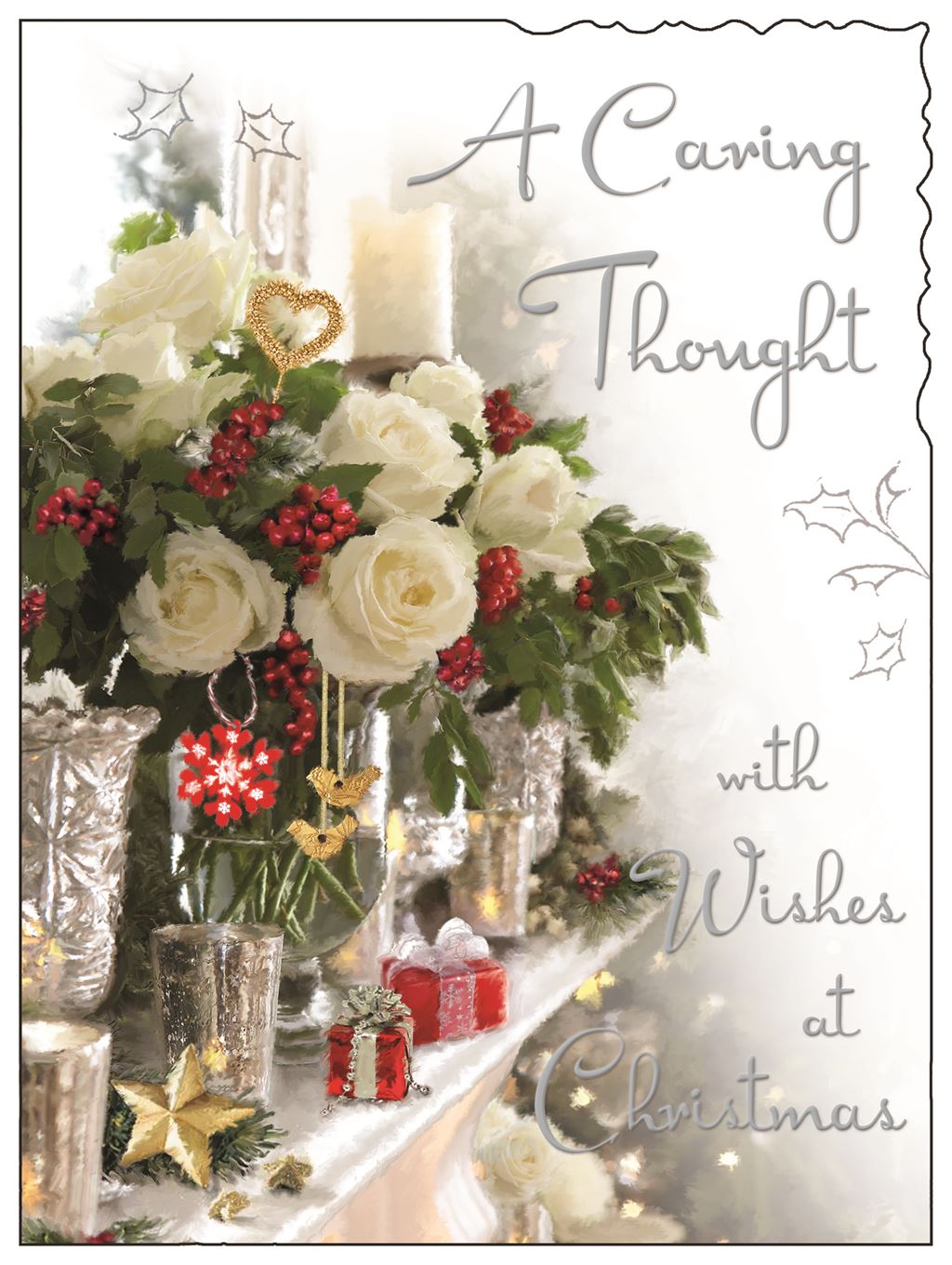A Caring Thought – Elegant Christmas Card with White Roses, Candles & Holly Arrangement