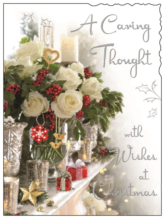 A Caring Thought – Elegant Christmas Card with White Roses, Candles & Holly Arrangement