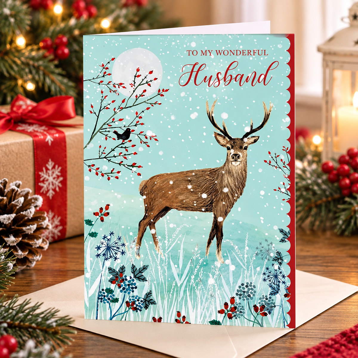 Lifestyle photo of Wonderful Husband Christmas card with stag on festive table with Christmas decorations