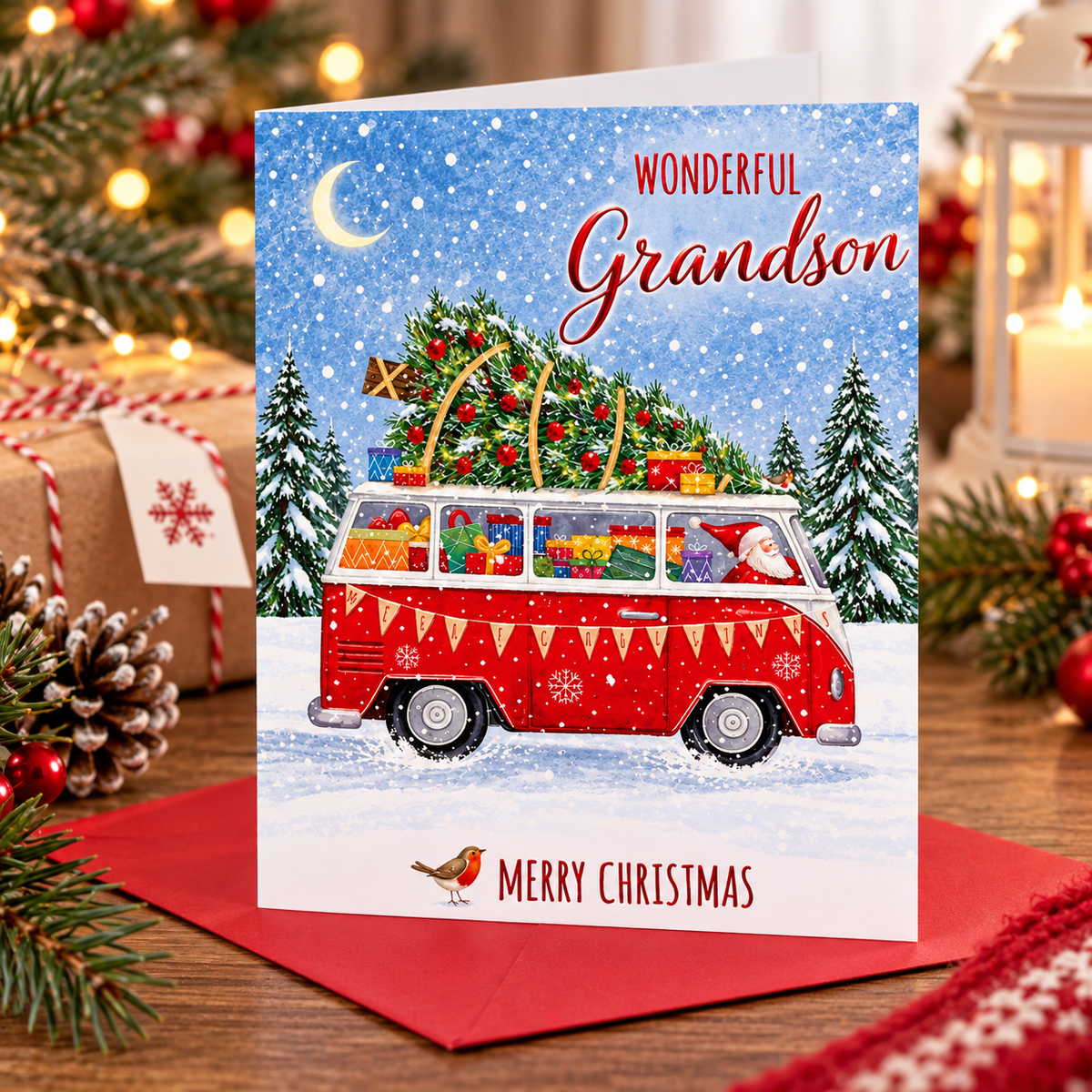 Otter House Wonderful Grandson Christmas card displayed on festive table with Christmas decorations