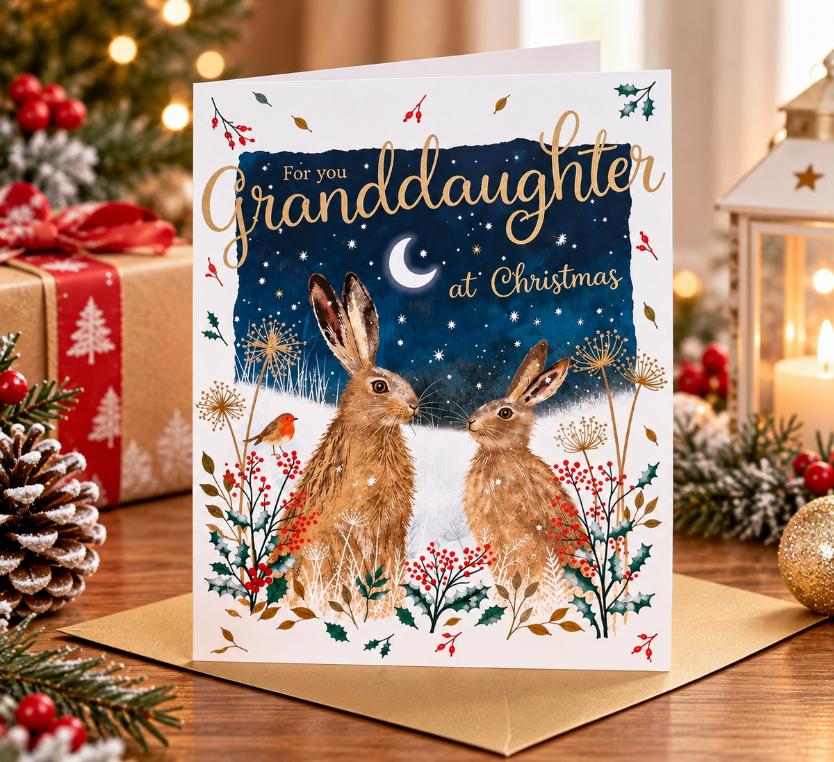 Otter House Granddaughter Christmas card with two hares displayed on festive table with gifts and Christmas lights