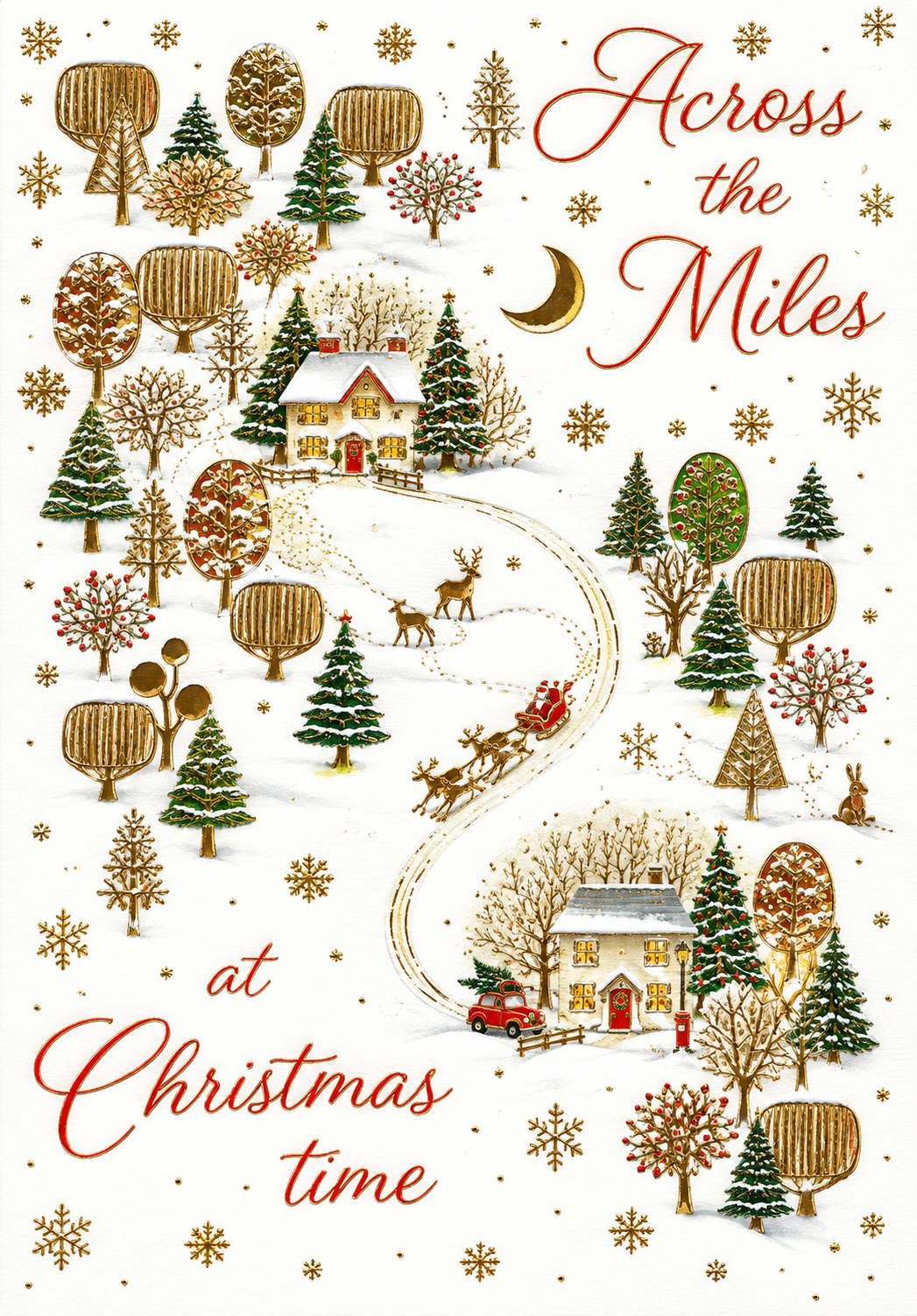 Abacus Across the Miles Christmas card with snowy village scene and gold detailing, 151 x 228mm