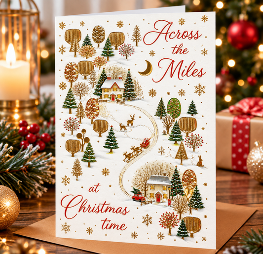Abacus Across the Miles Christmas card displayed in a warm festive Christmas setting