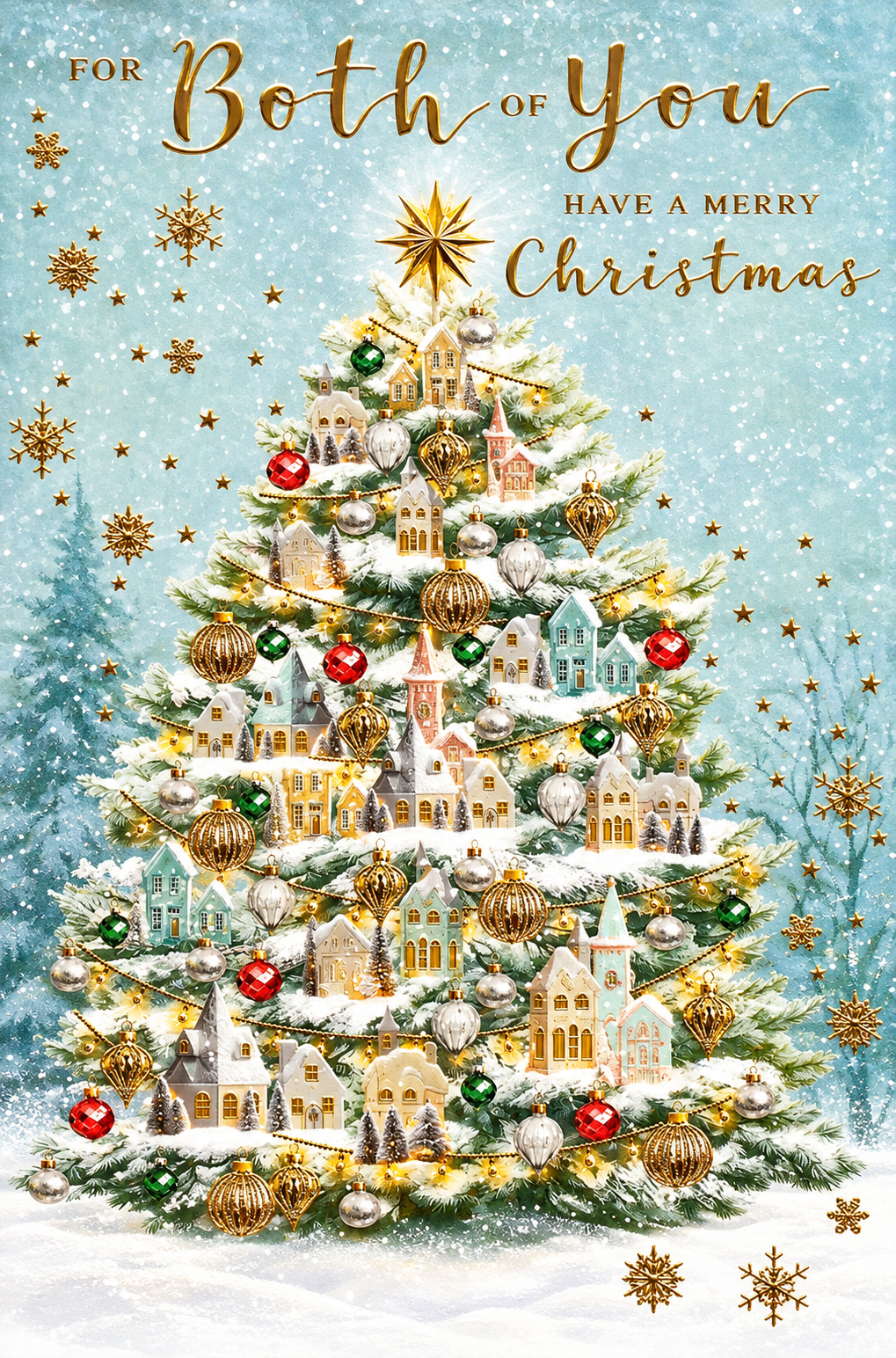 Abacus For Both of You Merry Christmas card with snowy Christmas tree and gold detailing, 151 x 228mm