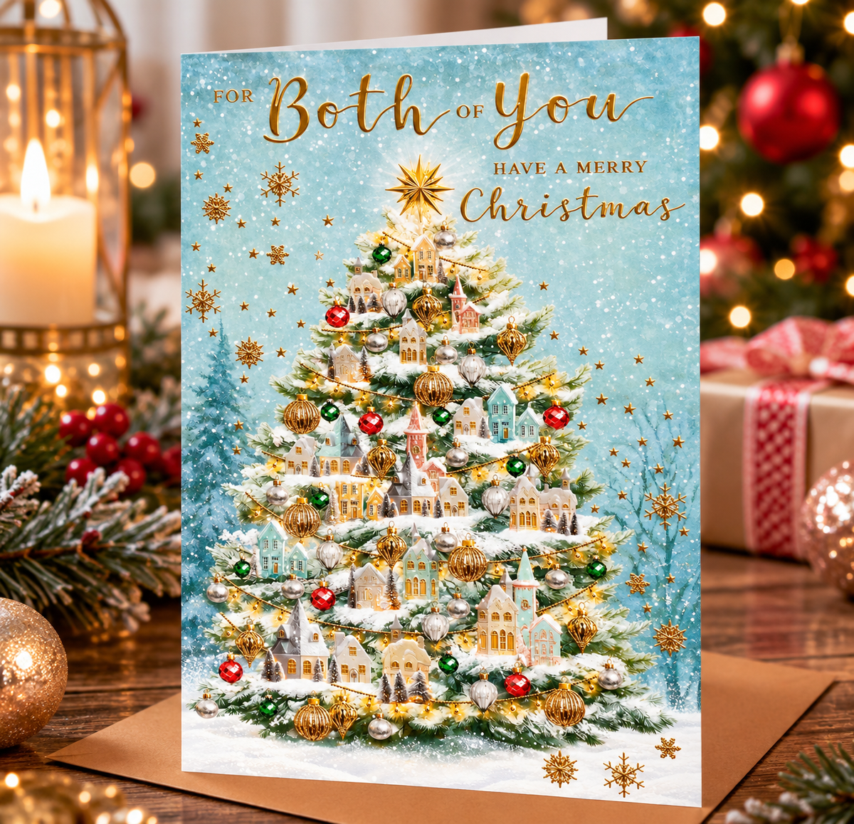Abacus For Both of You Christmas card displayed in a warm festive Christmas setting