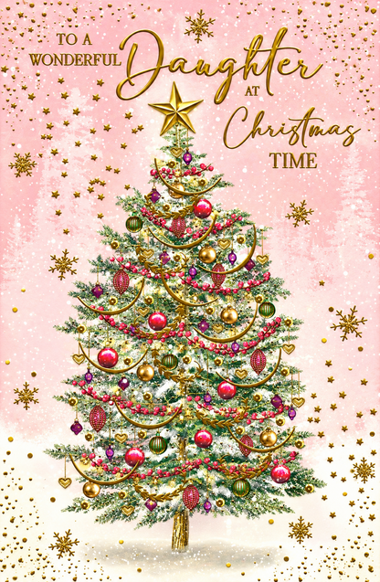 Abacus Wonderful Daughter Christmas card with pink Christmas tree design and gold detailing, 151 x 228mm