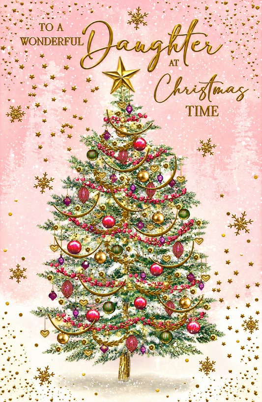 Abacus Wonderful Daughter Christmas card with pink Christmas tree design and gold detailing, 151 x 228mm
