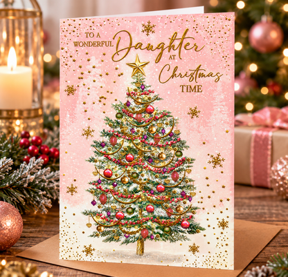 Abacus Wonderful Daughter Christmas card displayed in a warm festive setting with Christmas decorations