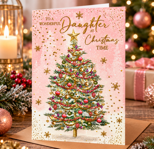 Abacus Wonderful Daughter Christmas card displayed in a warm festive setting with Christmas decorations