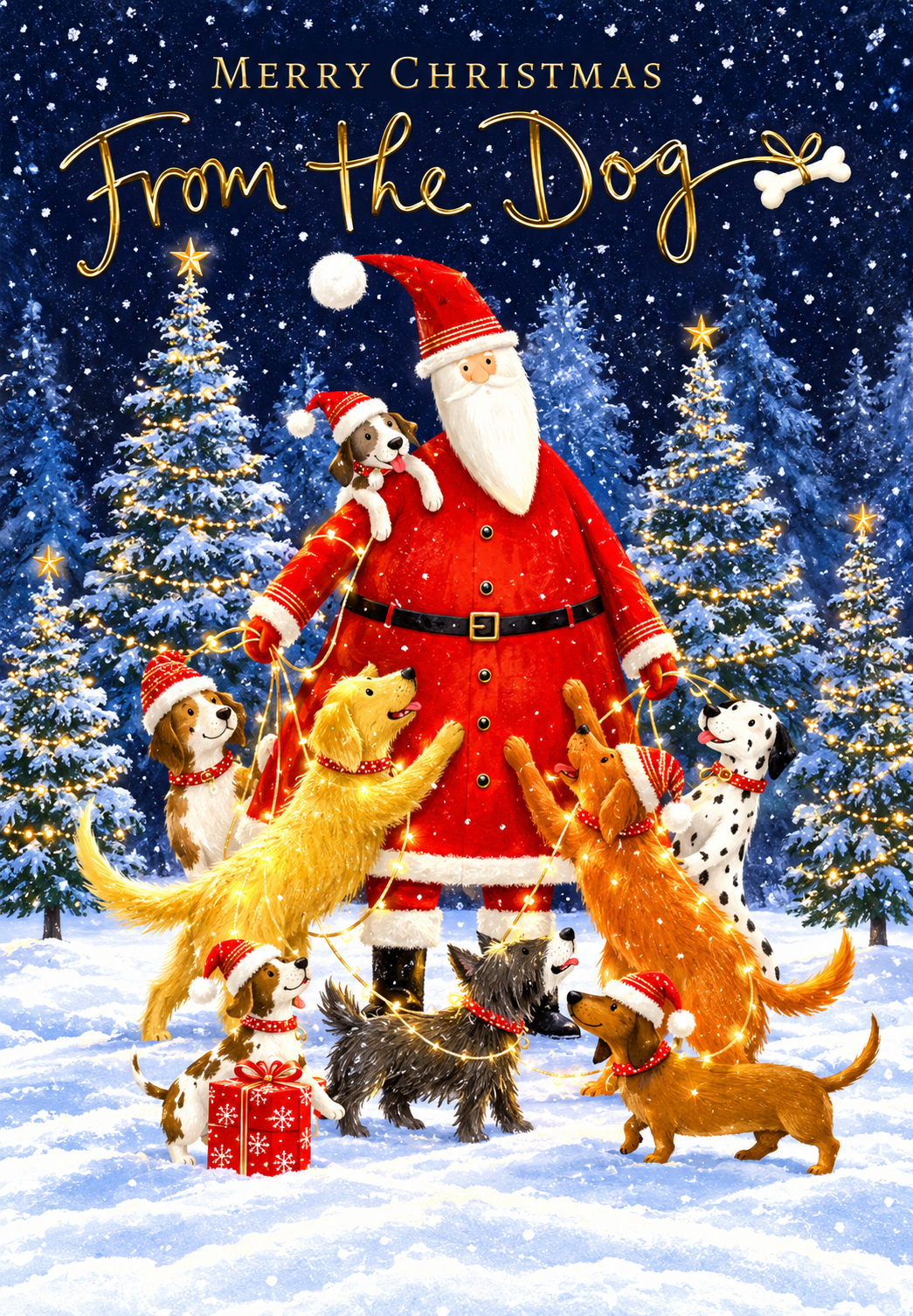 Abacus Merry Christmas From the Dog card with Santa and dogs in snowy Christmas scene, 151 x 228mm