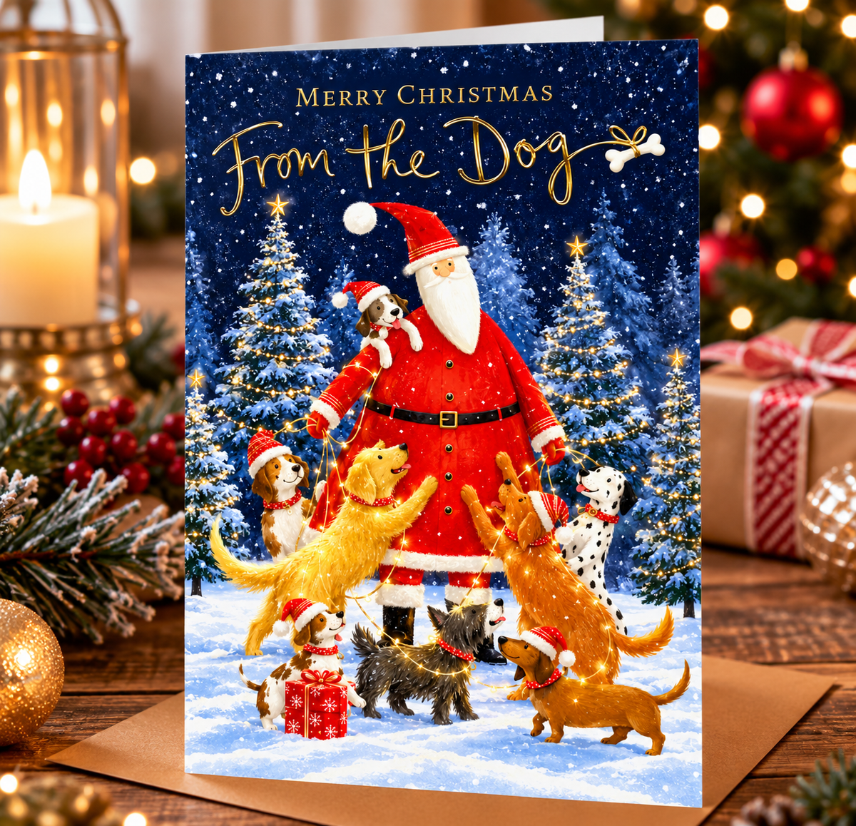 Abacus From the Dog Christmas card displayed in a warm festive setting